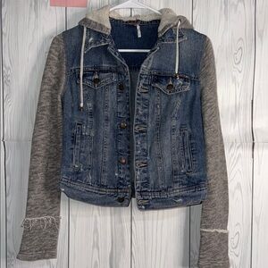Free People Blue Denim Jacket with Gray Sleeves